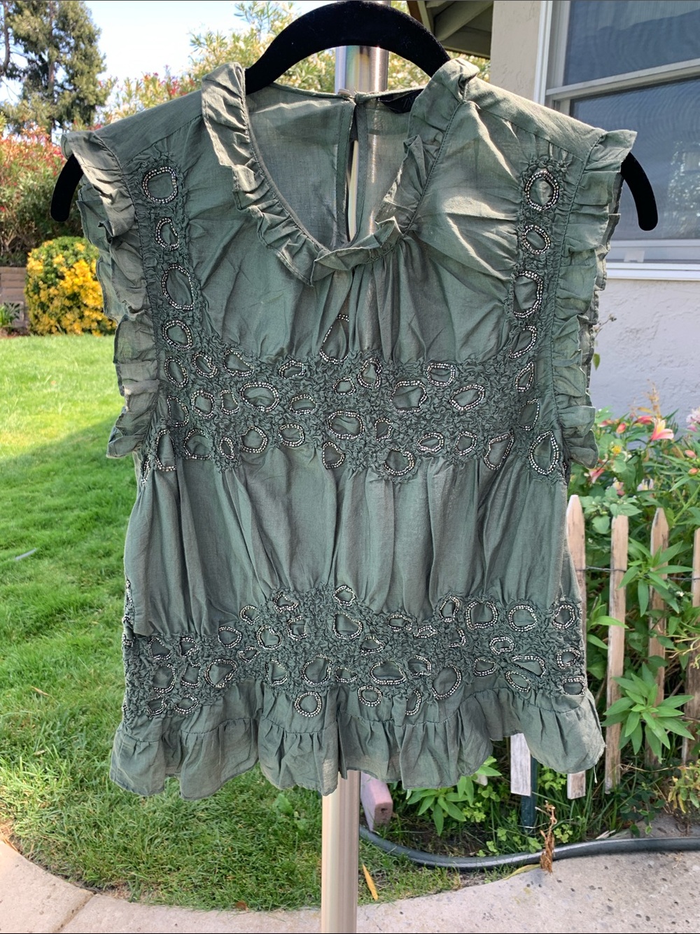 Zara Sleeveless Olive Green Ruffled Beaded Women’s Top